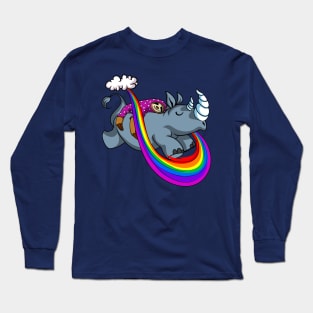 Sleeping Sloth Riding Rhino Fantasy Rainbow Cartoon Long Sleeve T-Shirt